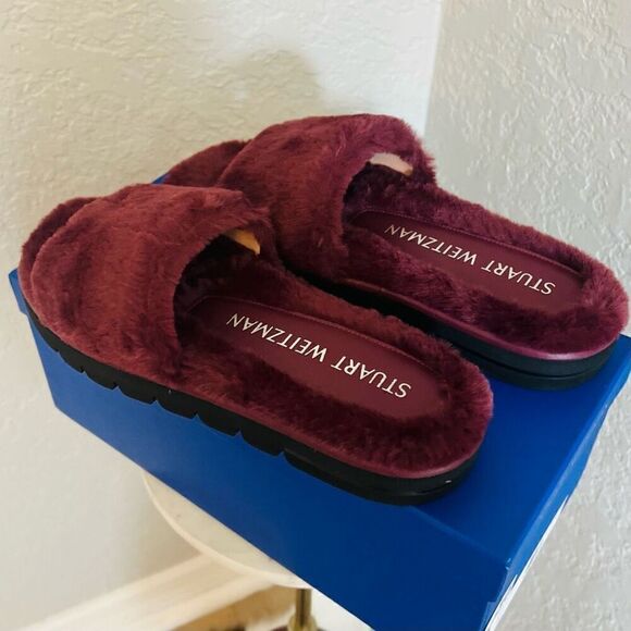 STUART WEITZMAN Elodie Chill Faux Fur Slide Slipper Sandal Size 9 Cranberry NWT - Picture 13 of 16